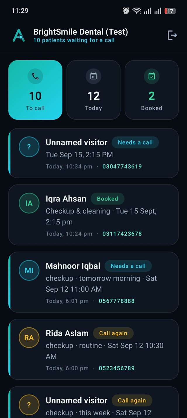 CareLayer Companion App lead list for a dental clinic, showing patients waiting for a callback with to-call, today and booked counts